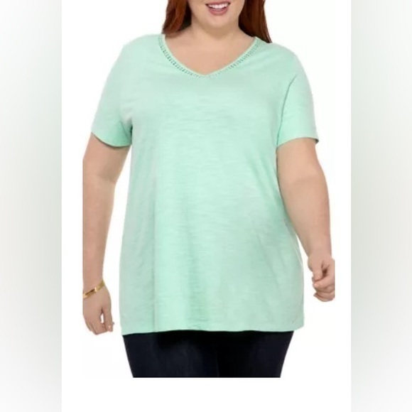 Kim Rogers® Plus Size Short Sleeve Crochet Tunic Shirt-Heathered Mint-2X - Picture 1 of 5